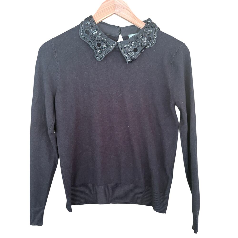 Liv Milano Beaded Peter Pan Collar Sweater M Black Old Money Quiet Luxury